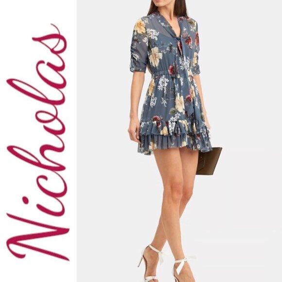 NWT NICHOLAS 100% Silk Floral Ruffled Mini Dress,โ Size 8 - Picture 4 of 12